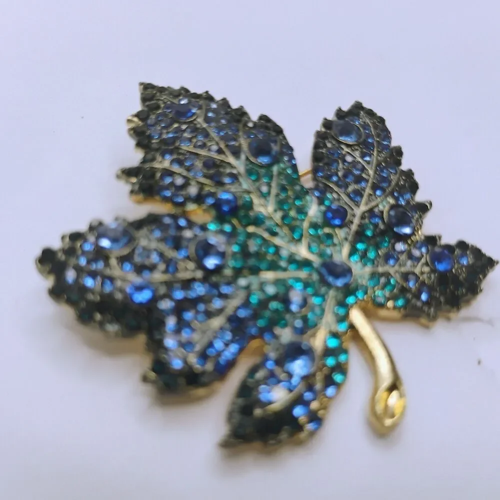 Maple Leaf Brooch Blue Shades Rhinestones Fashion Pin Jewelry Autumn Statement